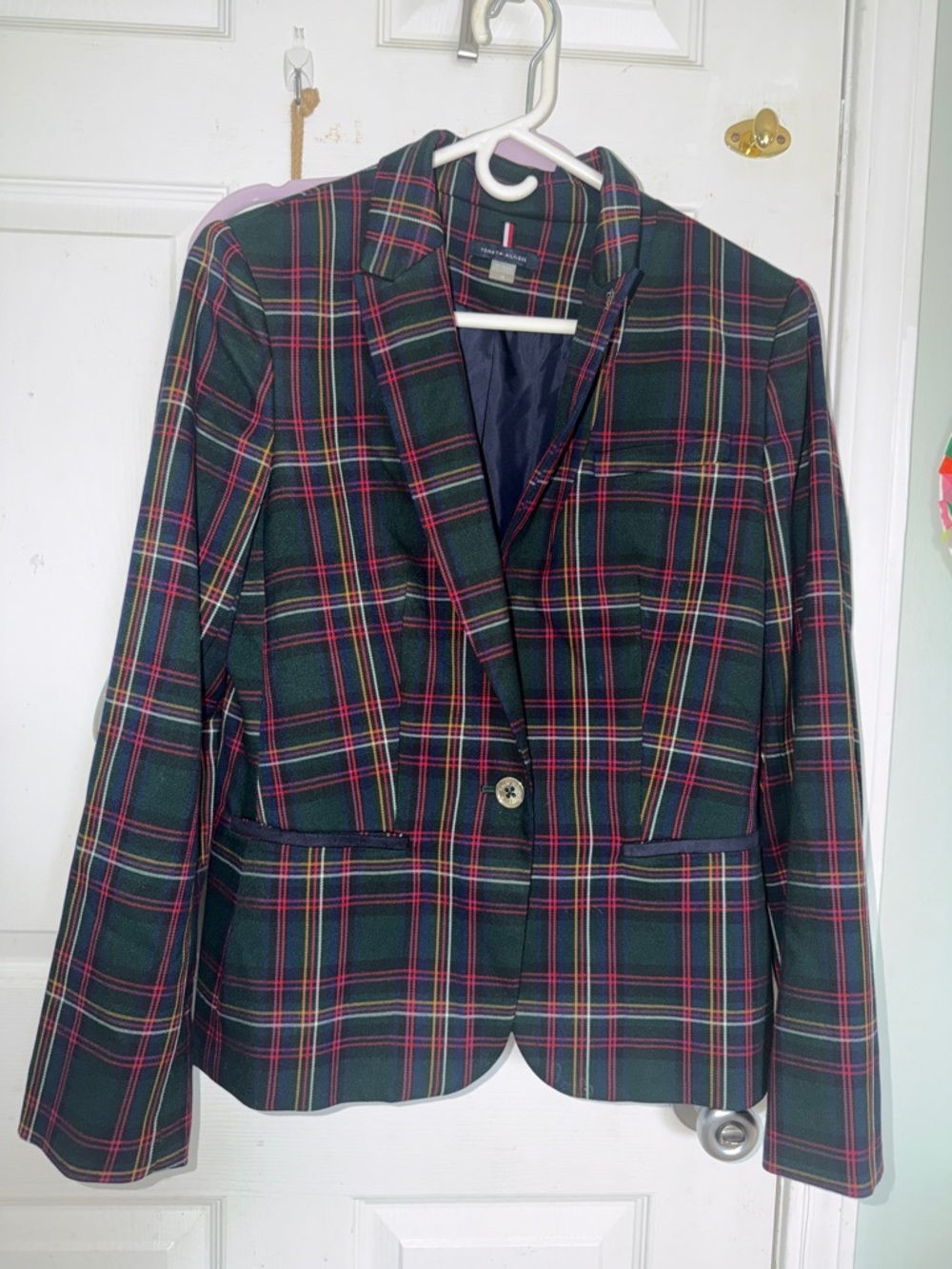 Tommy Hilfiger Dark Green Plaid Single-Button Blazer